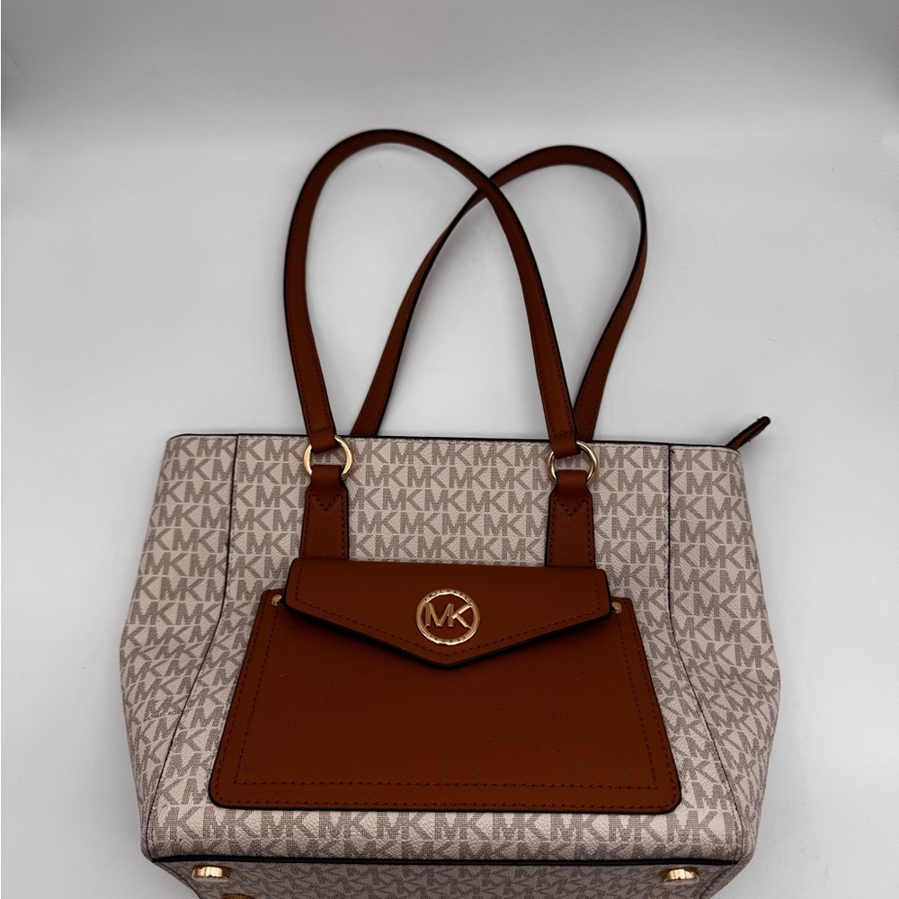 Michael Kors Brown and Cream Monogram Purse (includes matching wallet)